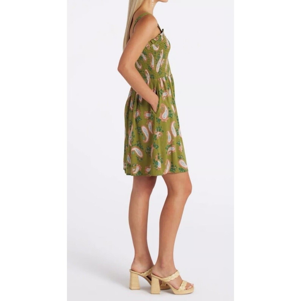Market & Spruce Women's Smocked Gauzy Mini Dress Olive Green Paisley Resort S